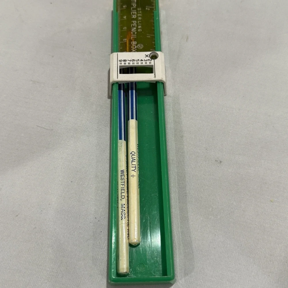 Vintage Sterling Multiplier Pencil Box Green Slider Math Ruler Sharpener 1970s